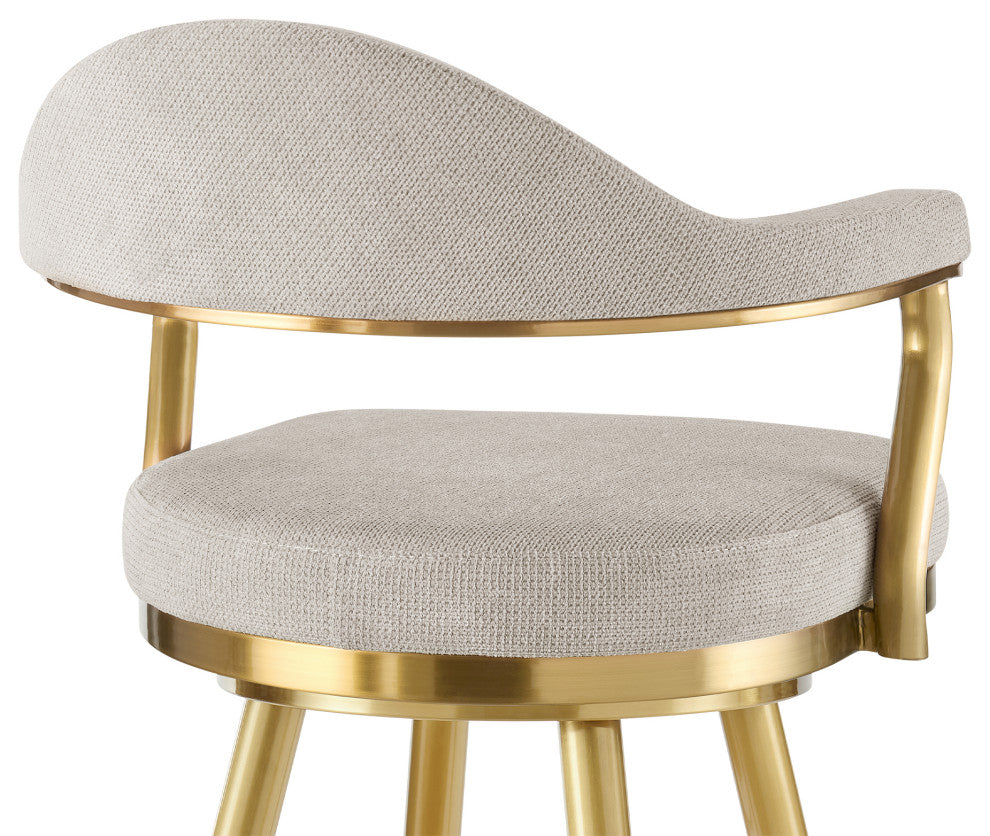 Justin 30" Swivel Bar Stool With Gold Brushed Stainless Steel and Taupe Fabric