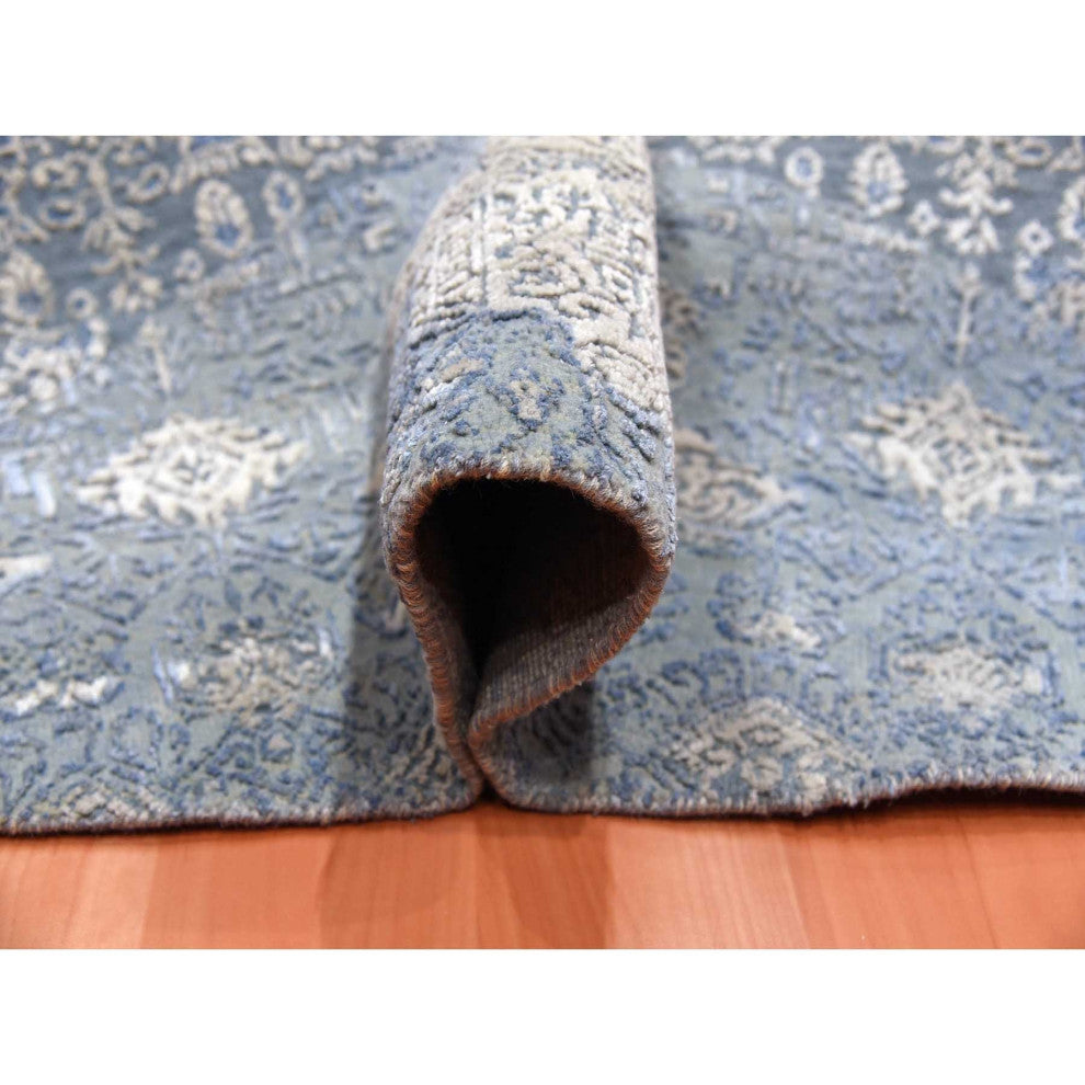 Blue Wool and Silk Jewellery Design Hand Knotted Oriental Round Rug, 10'0"x10'1"