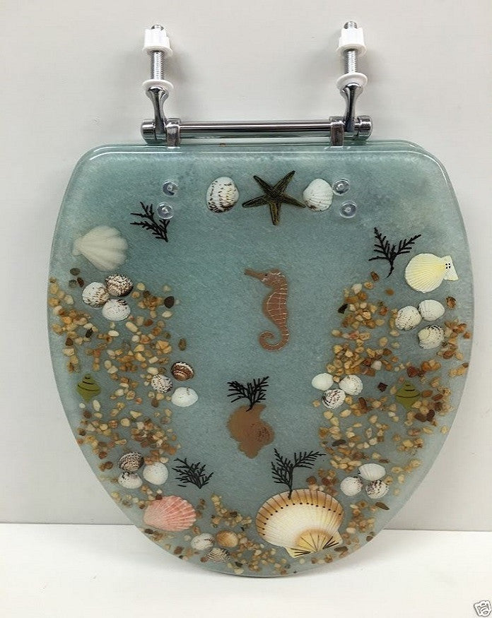LIGHT BLUE SEAHORSE AND SEAHORSE STANDARD SIZE RESIN TOILET SEAT, CHROME HINGES
