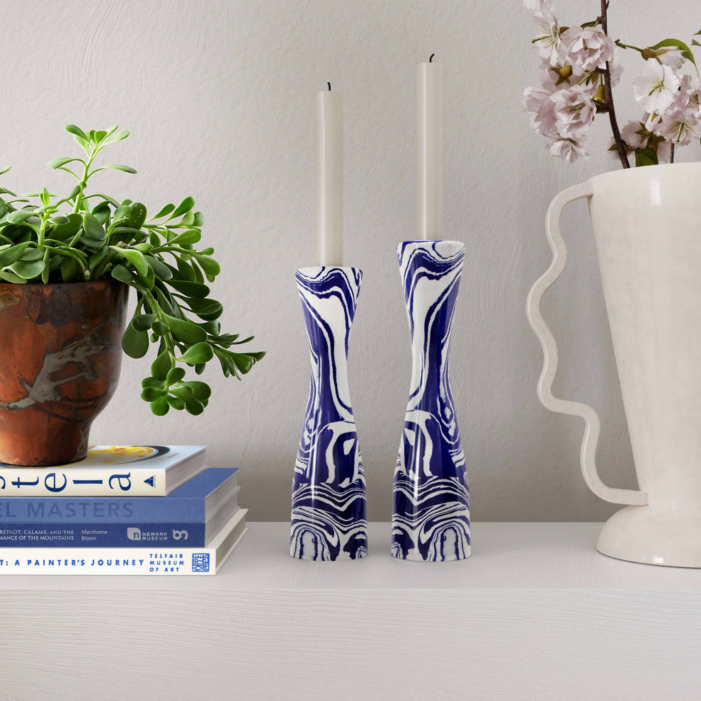 Serene Candlestick, Blue, White, Large