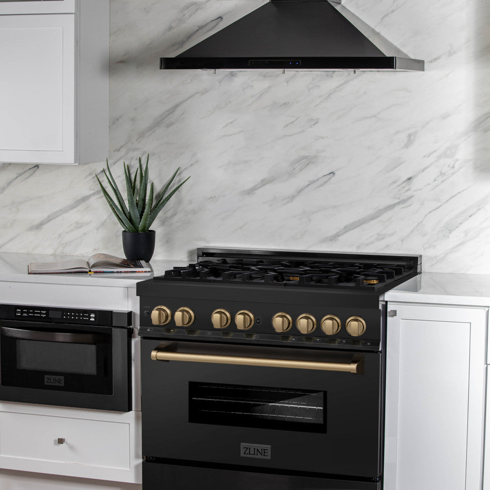 ZLINE 36" Dual Fuel Range, Black Stainless With Champagne Bronze RABZ-36-CB