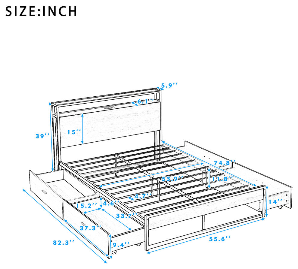 Full/Queen Metal Frame Wood Platform Bed with Four Drawers, Sockets and USB Port