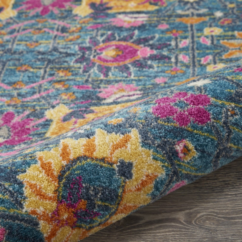 8 Round Denim Blue Florals Distressed Area Rug