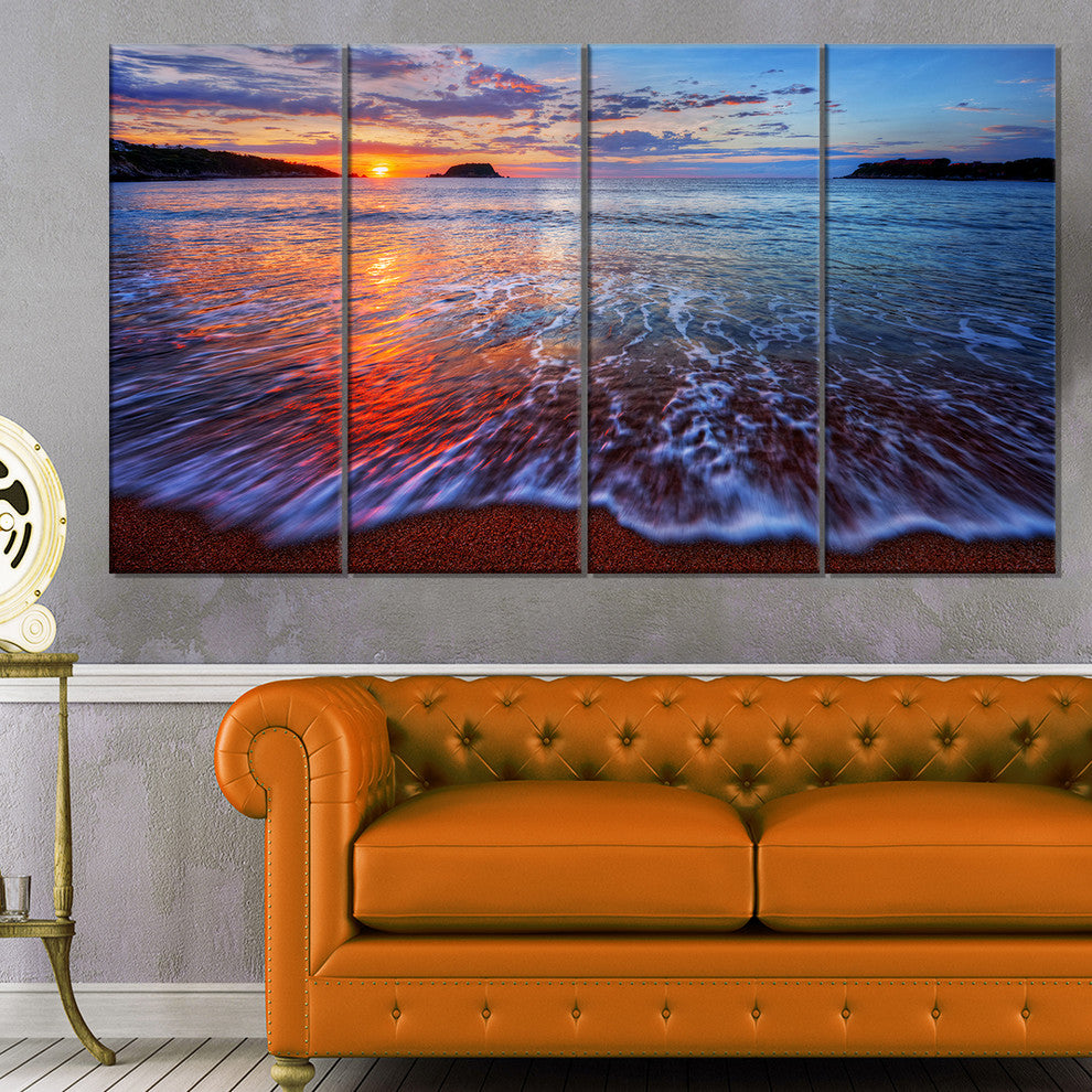 Placid Shore and Whimsical Clouds, Seashore Canvas Art Print, 48"x28", 4 Panels