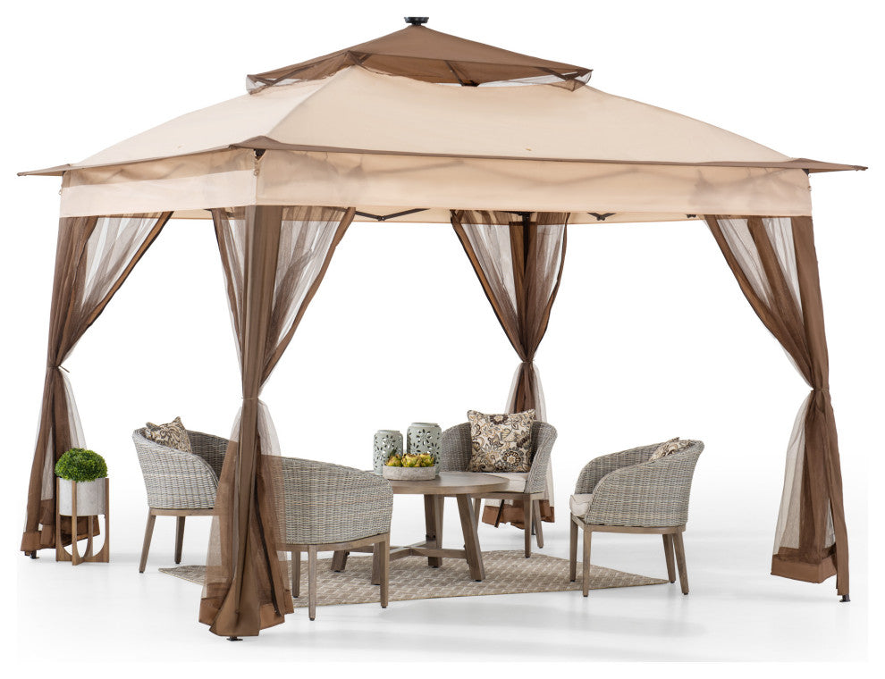 Sunjoy 11 x 11 ft Patio Pop Up Portable Gazebo with Solar LED Lighting