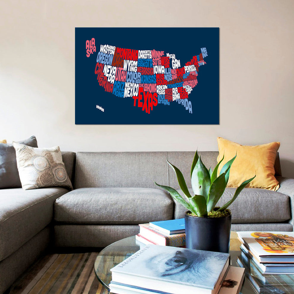 "USA (States) Typographic Map II" by Michael Tompsett, Canvas Print, 26x18"