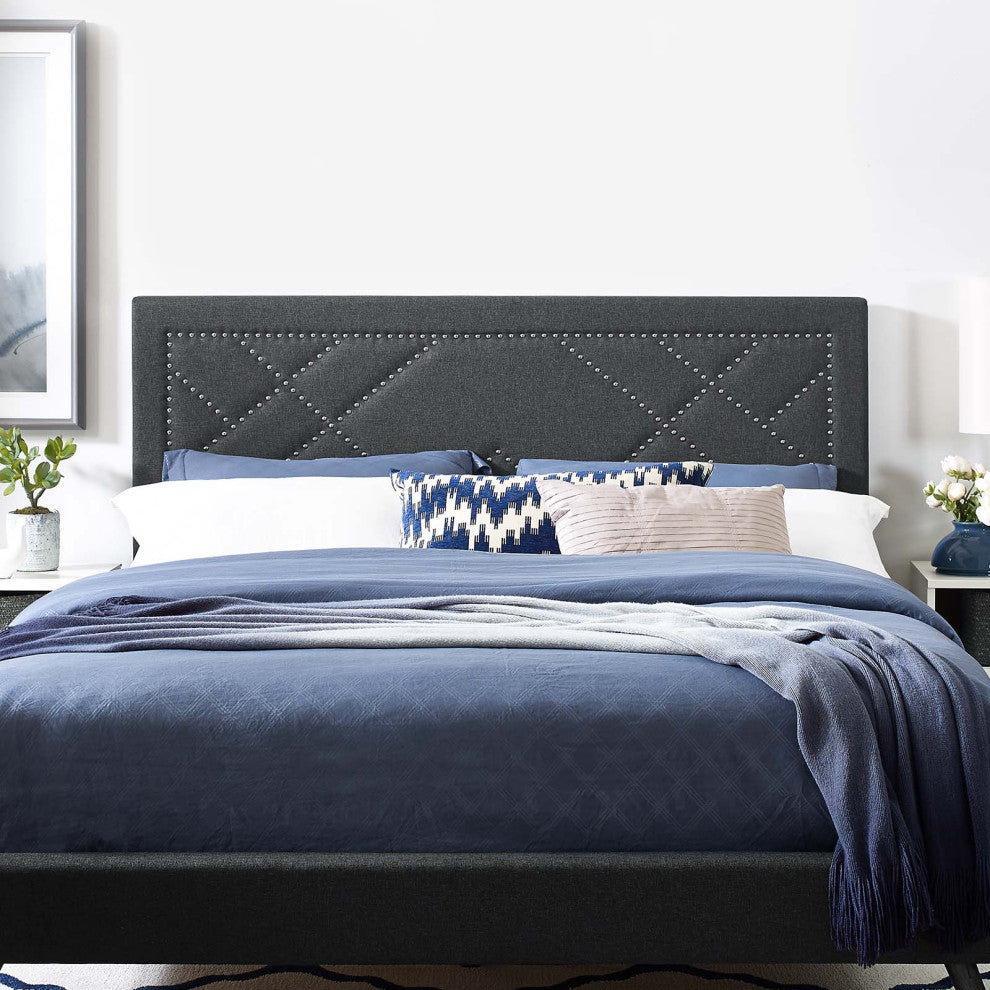 Modern Designer Full and Queen Size Headboard, Rivet Nail, Fabric, Grey Gray
