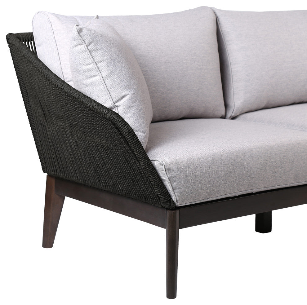 Athos Outdoor 3 Seater Sofa With Latte Rope and Gray Cushions, Dark Eucalyptus