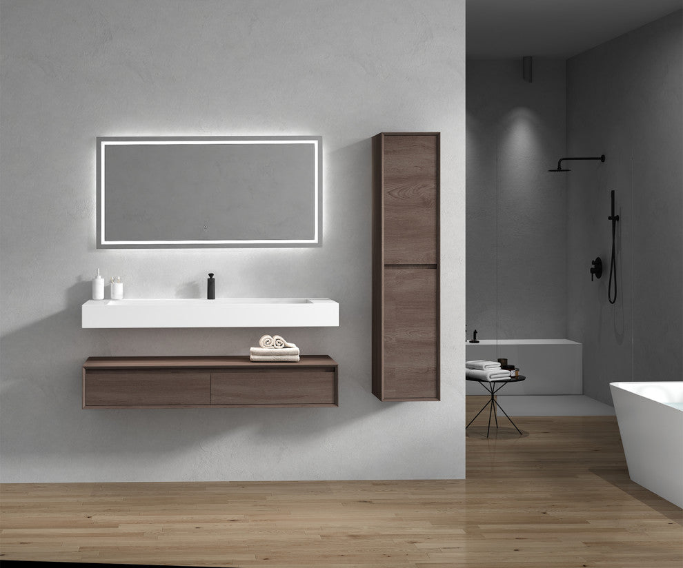 Alysa 60" Floating Bath Vanity, Acrylic Sink/Single Faucet Hole, Red Oak