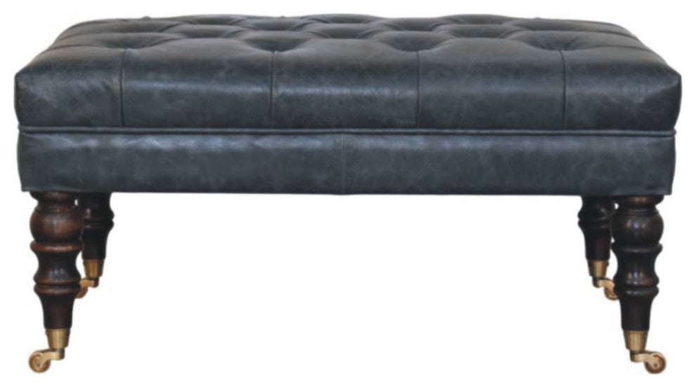 Ottoman Upholstered Buffalo Teal Leather With Castor Legs Artisan Furniture
