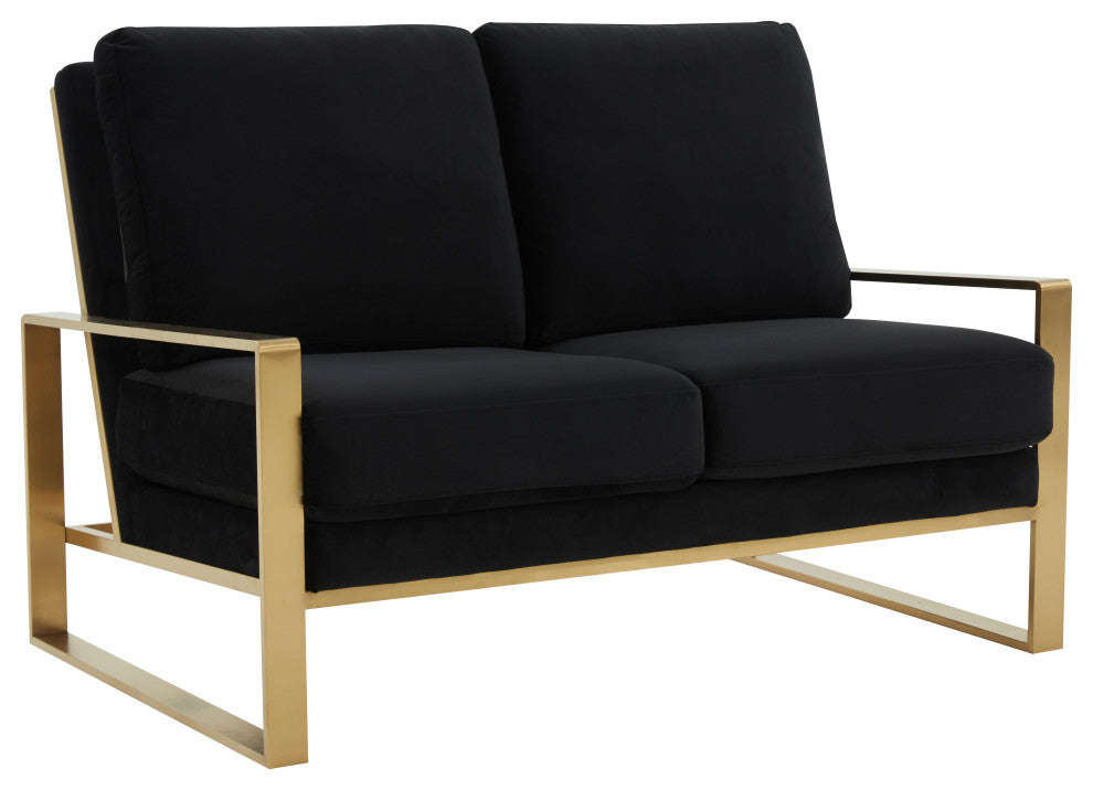 LeisureMod Jefferson Modern Design Velvet Loveseat With Gold Frame, Black