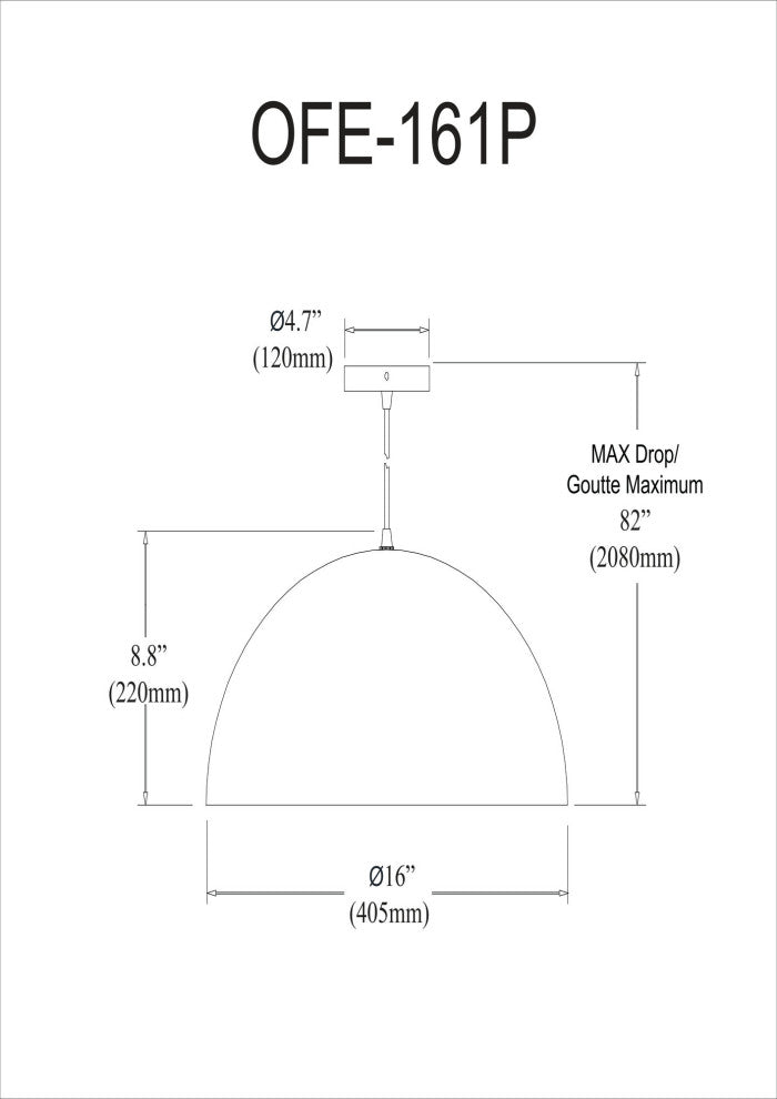 1 Light Incandescent Small Dome Pendant, Matte White