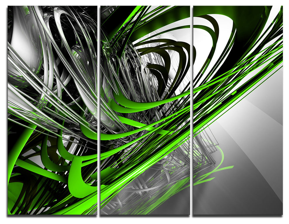 "Fractal 3-D Green Silver Stripes" Art Canvas Print, 3 Panels, 36"x28"