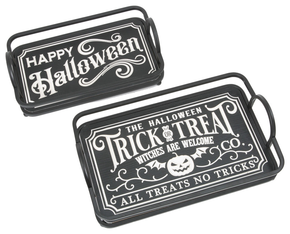 Set of 2, Wood and Metal Engraved Halloween Trays