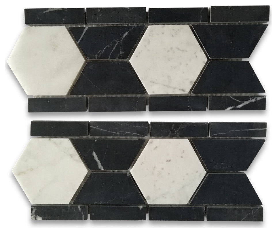 Carrara White Marble 3 Hexagon Black Mosaic Border Listello Tile Honed, 1 sheet