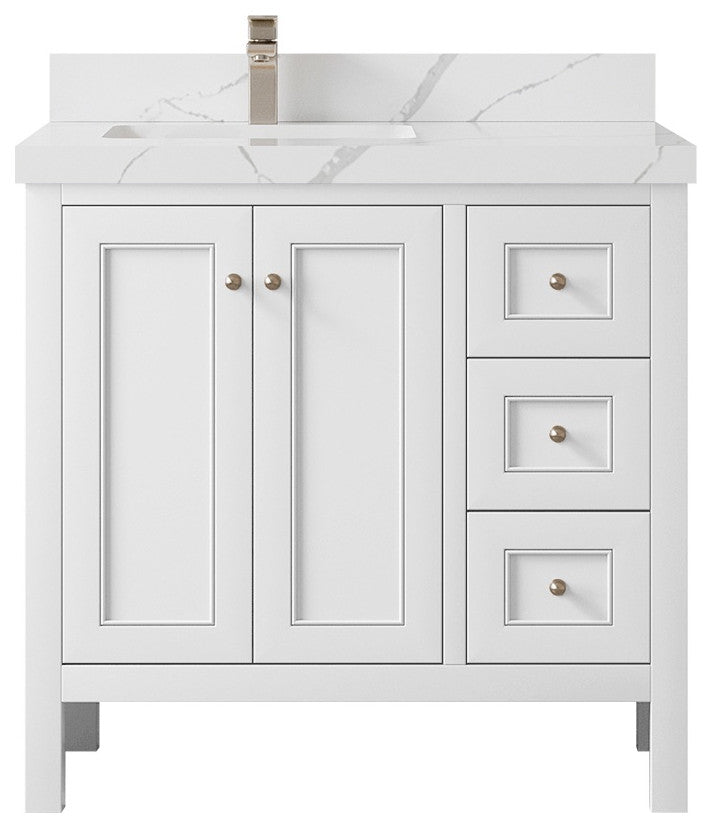 Nashville 36" Left Offset Bath Vanity, White 2" Calacatta Laza