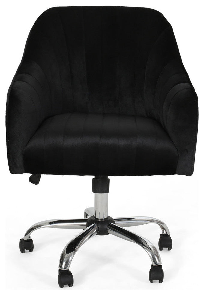 Cassandra Velvet Home Office Chair With Swivel Base, Black, Silver Finish