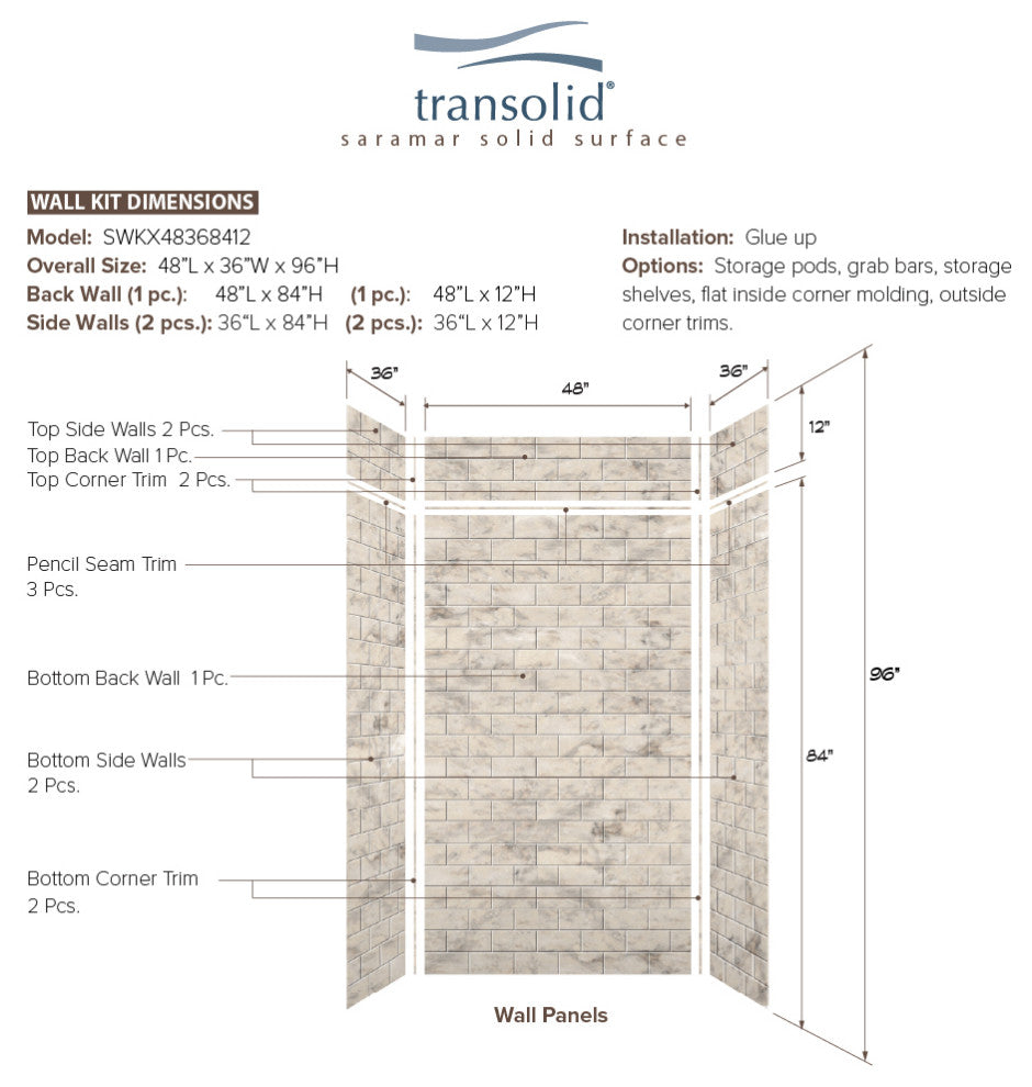Transolid SaraMar 48"x36"x96" 6-Piece Shower Wall Kit with Extension, Sand Creme