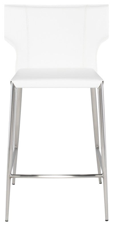 Wayne Bar Stool, Modern Leather Barstool, Brushed Stainless Steel Legs, White