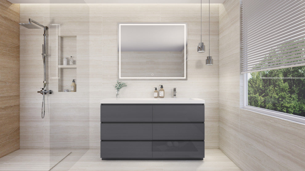 Alston 60" Free Standing Modern Vanity, High Gloss Gray, Glossy White Top