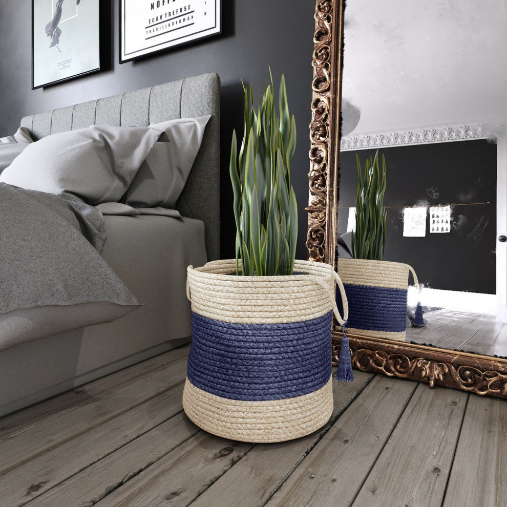 Bold Striped Off-White Jute Decorative Storage Basket with Handles