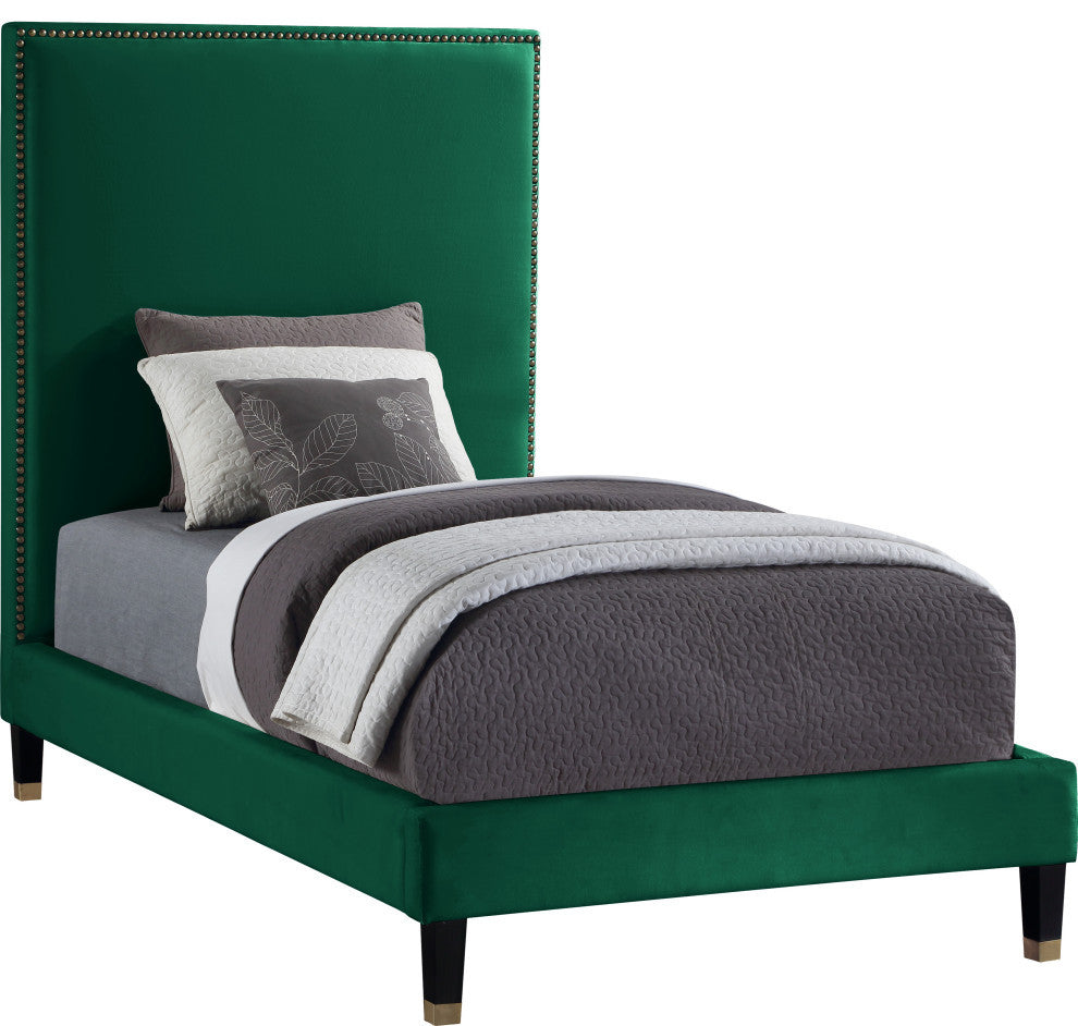 Harlie Velvet Upholstered Bed, Green, Twin