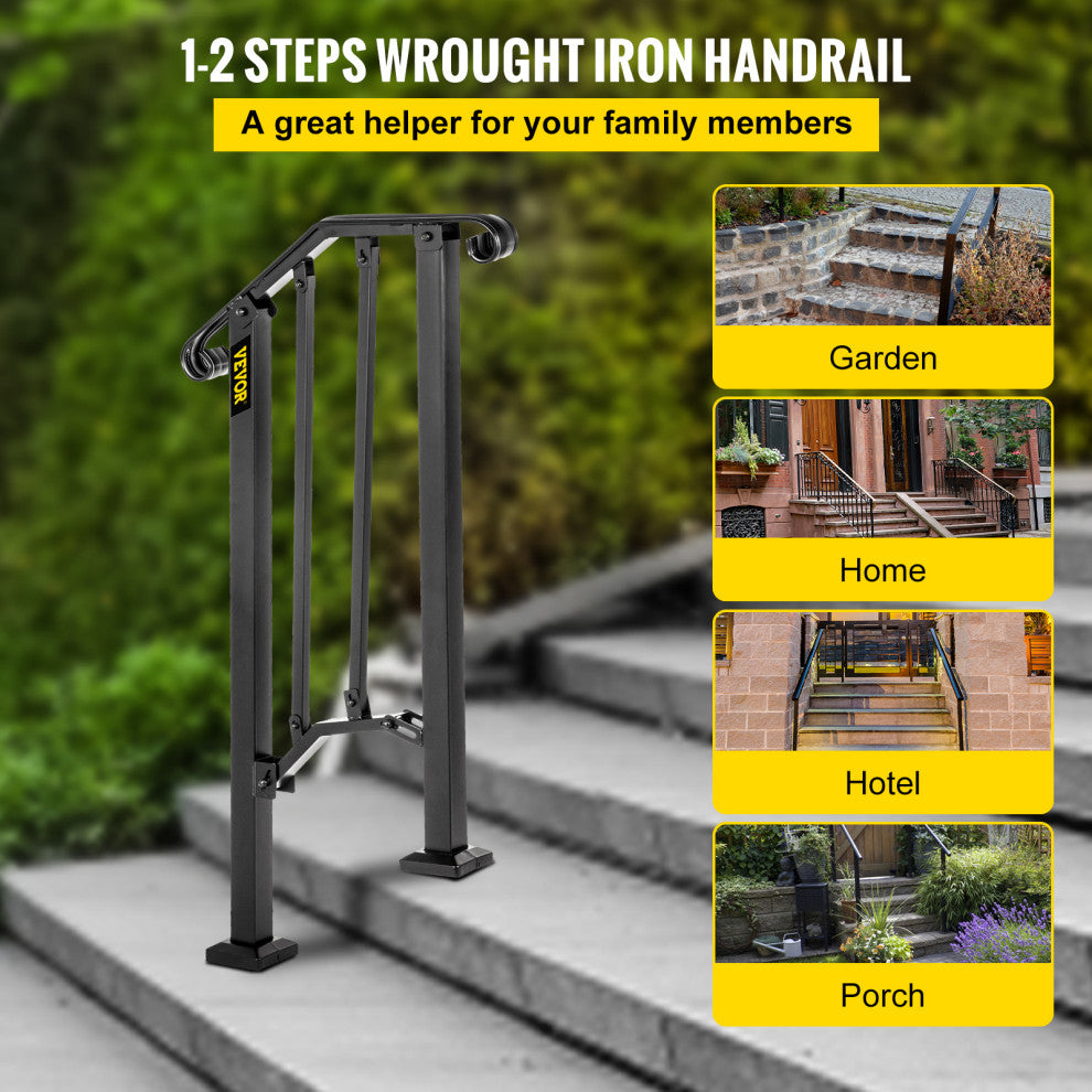 Wrought Iron Handrail Outdoor Stair Rail with Installation Kit, Black, Fit 1-2 Steps