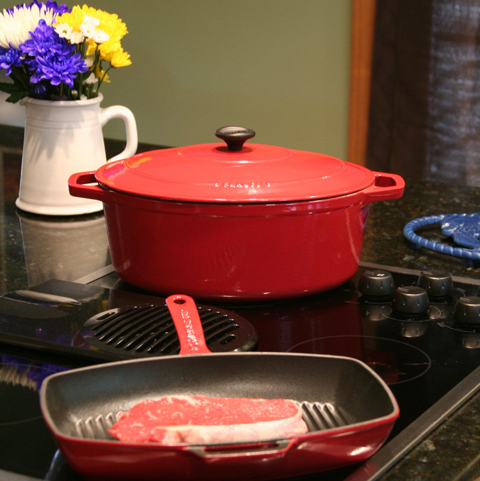 Chasseur 12" Red Rectangular French Enameled Cast Iron Grill Pan