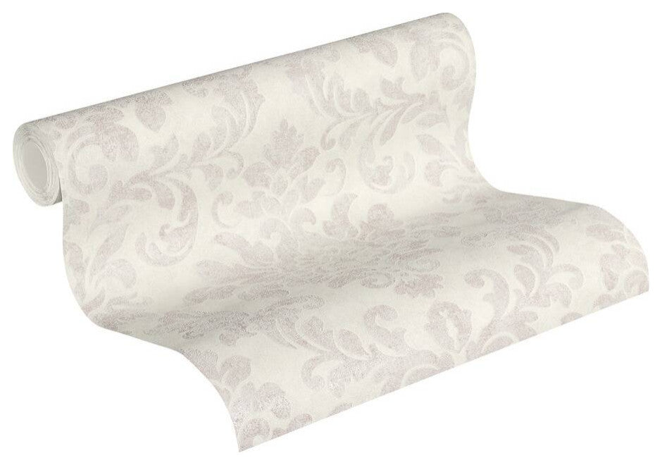 Damask Textured Wallpaper, Ornaments, 374133, White Gray Silver Pink, 1 Roll