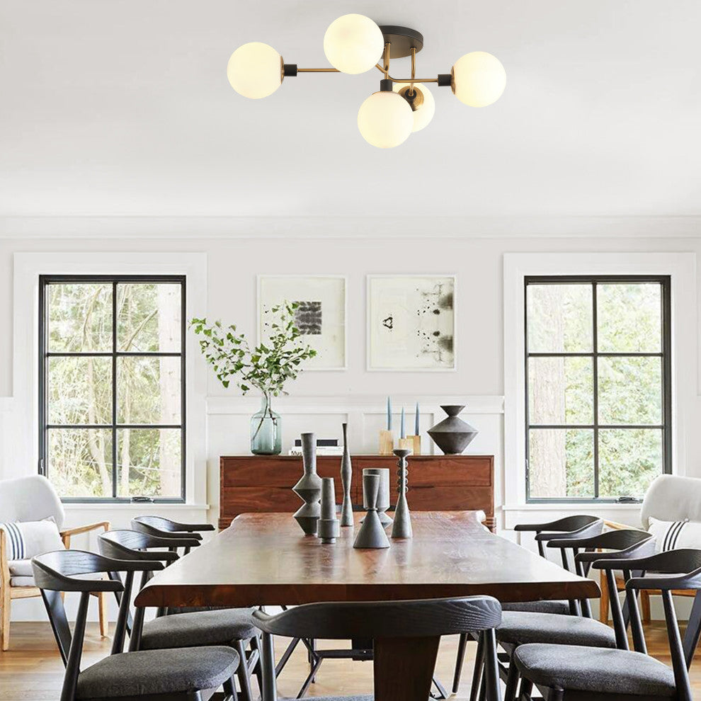 Black 5-Light Semi Flush Mount Ceiling Light With White Glass Shades