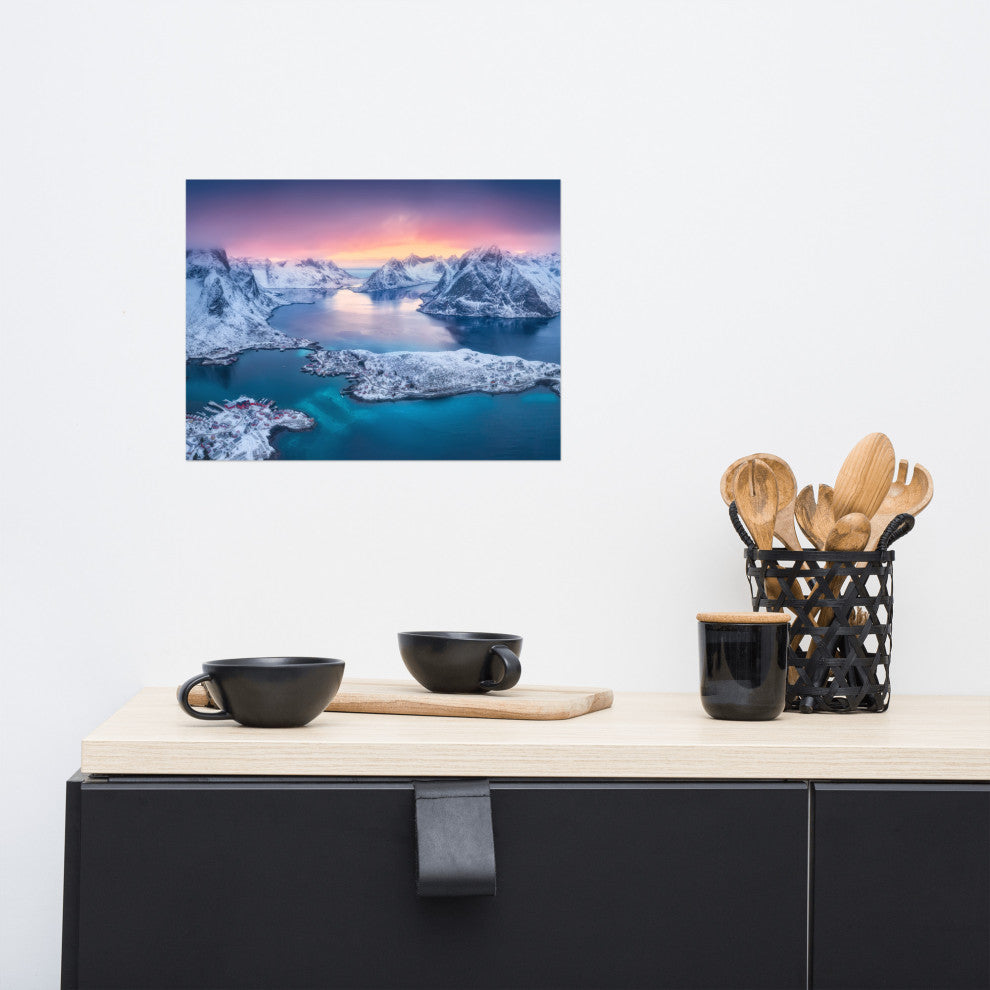 Reine at Winter Sunset Icy Mountain Landscape Photo Loose Wall Art Prints, 12" X 16"