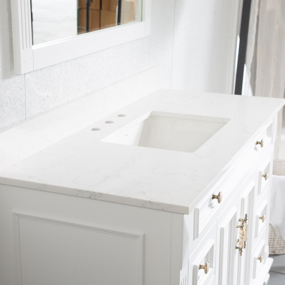 Solid Wood Bathroom Vanity with Quartz Top and cUPC Certified Sink, White, 48 Inch