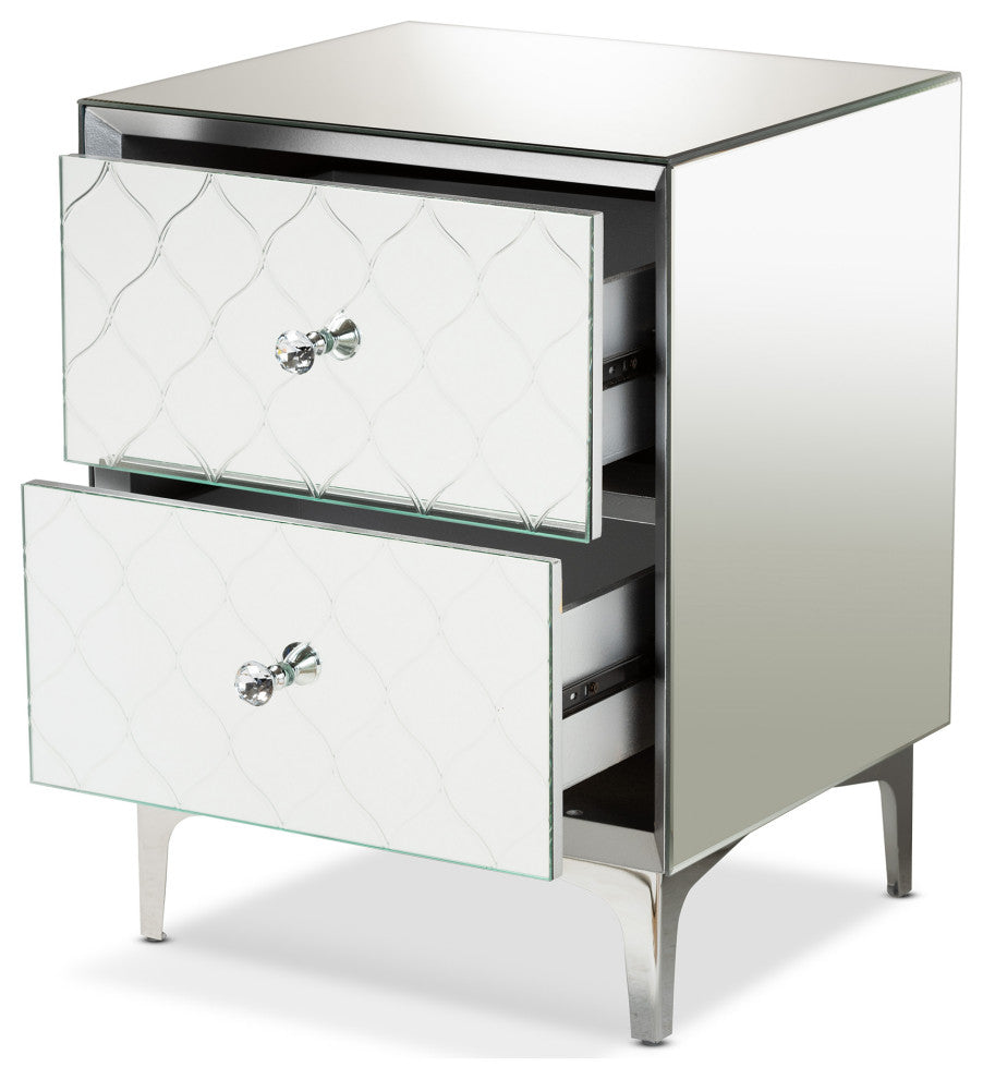 Kacela Silver Finished Metal 2-Drawer Nightstand with Mirrored Glass