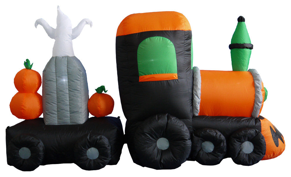 Skeleton on Train With Pumpkins and Ghost Tombstone, 7' Long
