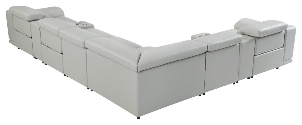 Federico 8-Piece L-Shaped Top Grain Italian Leather Sectional-3 Power Recliners, Light Gray
