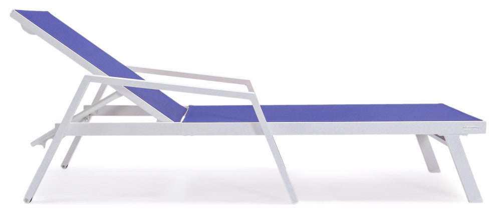LeisureMod Marlin Chaise Lounge Set With Arms and Fire Pit Table, Navy Blue