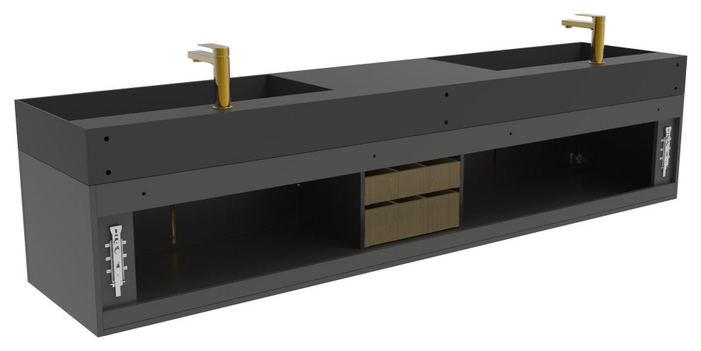 CastelloUSA Amazon 84" Wall Mounted Vanity Set, Black, Black Top, Gold Handles