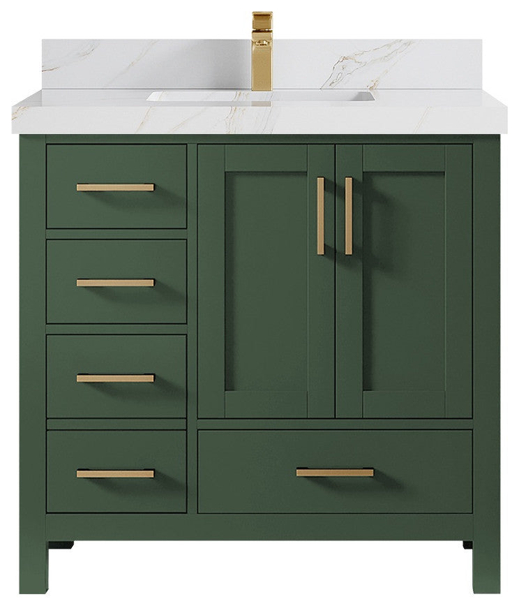 Malibu 36 Center Sink Bath Vanity in Lafayette Green 2" Calacatta Sienna