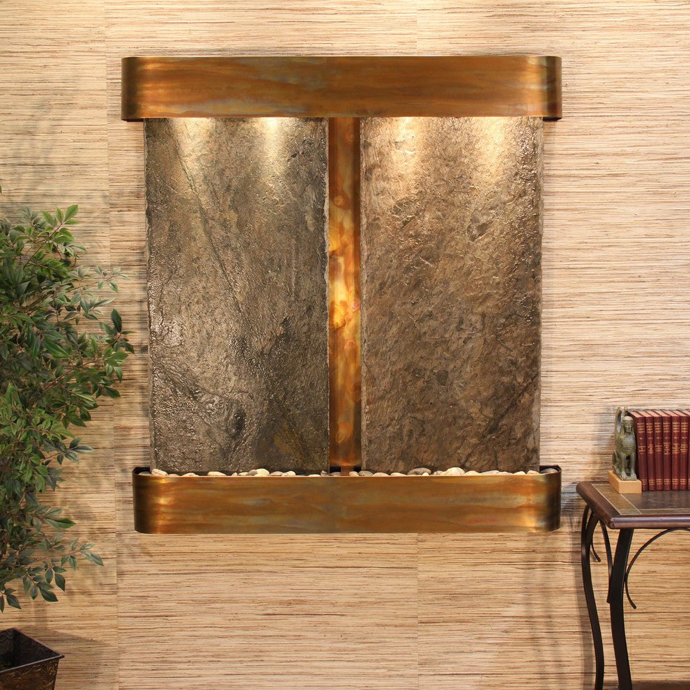 Aspen Falls Water Fountain, Natural Green Slate, Rustic Copper, Round