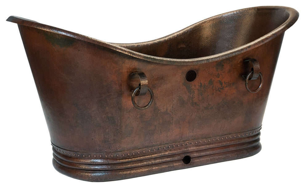 72" Hammered Copper Double Slipper Bathtub, Rings, Overflow Holes & Drain