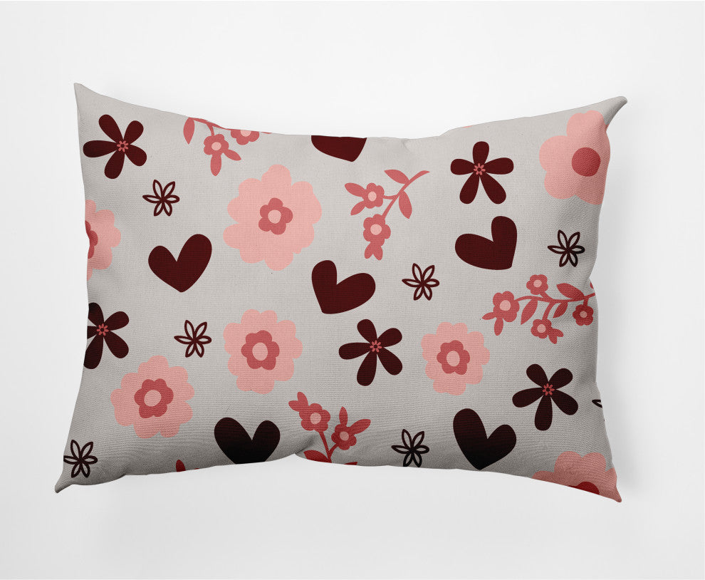 Flowery Love Valentines Indoor/Outdoor Lumbar Pillow, Gray, 14x20"