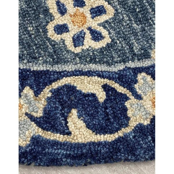 5" Round Blue Bordered Floral Motifs Area Rug