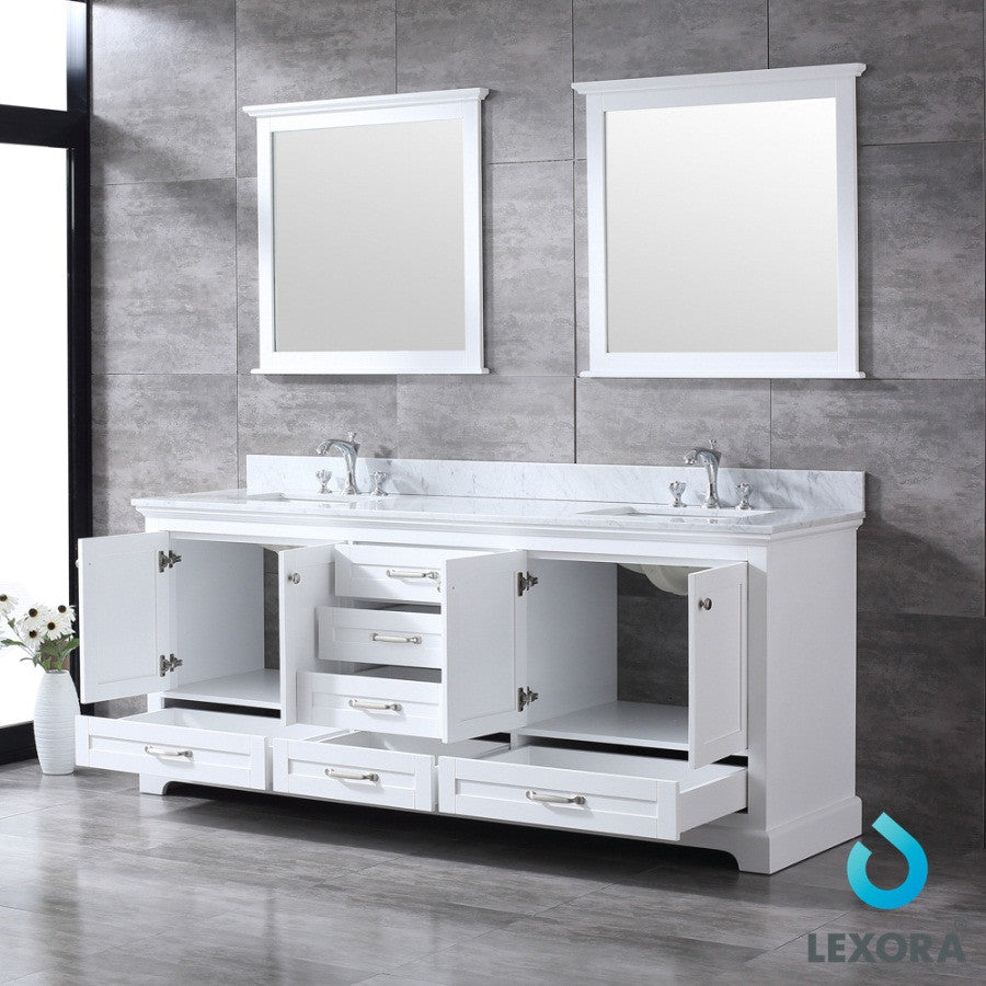 80" White Double Vanity, White Carrara Marble Top, White Sinks and 30" Mirrors