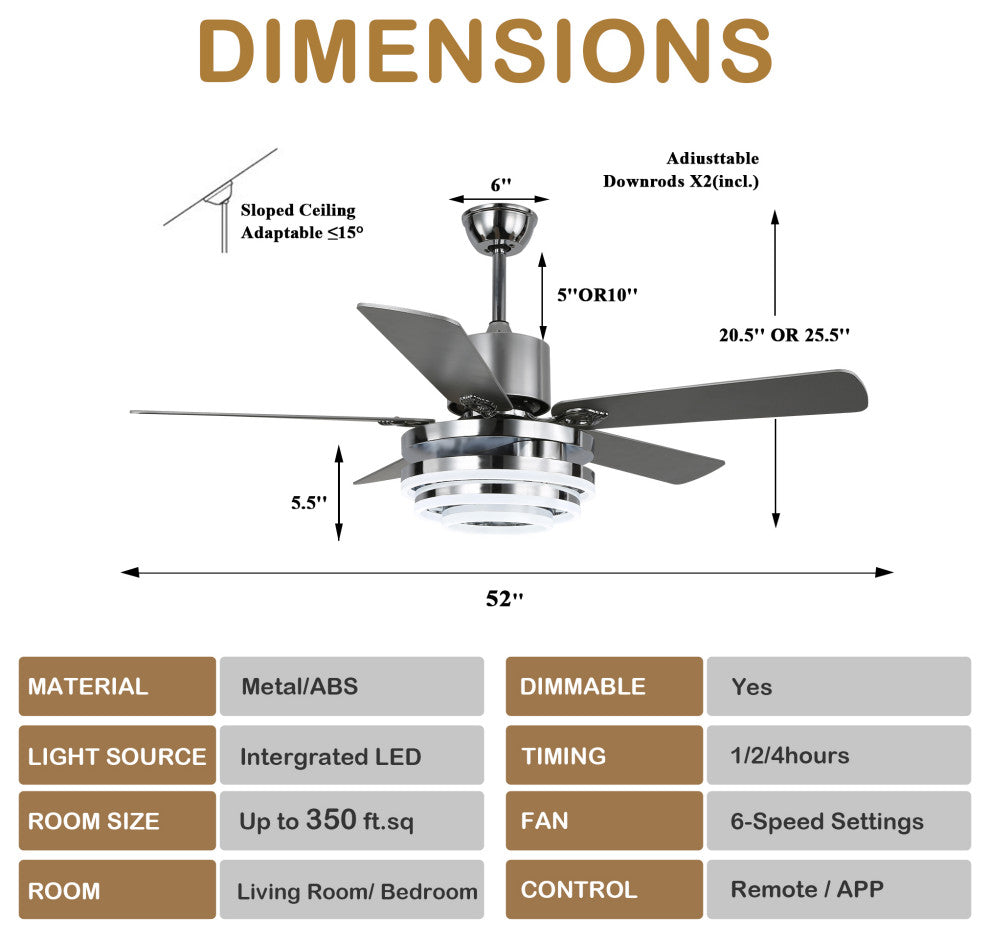 52" Ceiling Fan with Adjustable LED Light Kit, 3 Color Tone 6 Fan Speed, Chrome