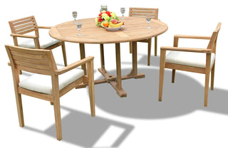 5-Piece Outdoor Teak Dining Set, 60" Round Table, 4 Montana Stacking Chairs