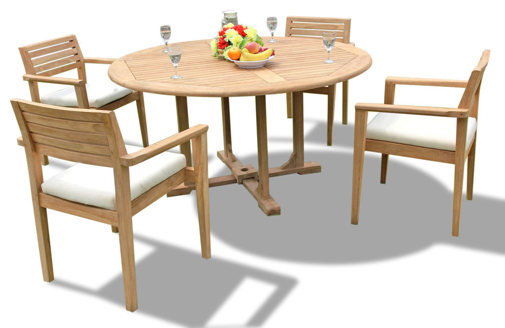 5-Piece Outdoor Teak Dining Set, 60" Round Table, 4 Montana Stacking Chairs