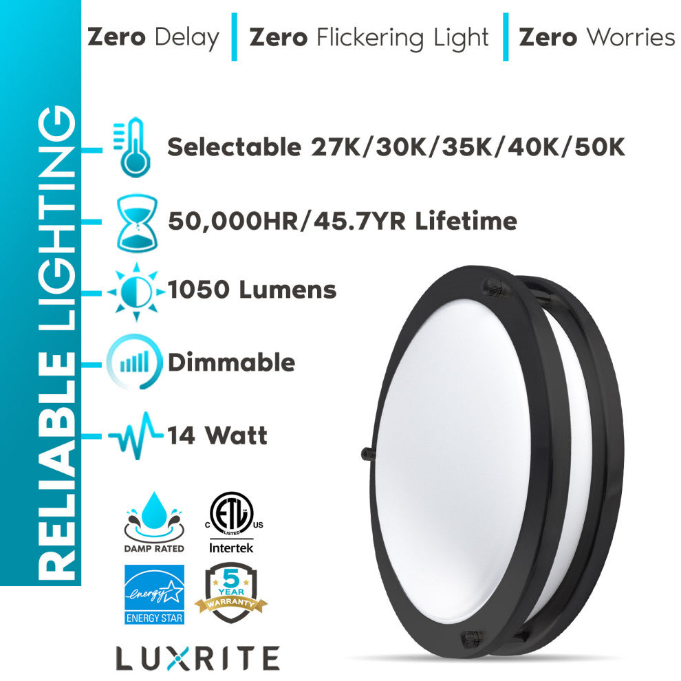 Luxrite 10" LED Flush Mount 5 Color Options 14W 1050lm Matte Black