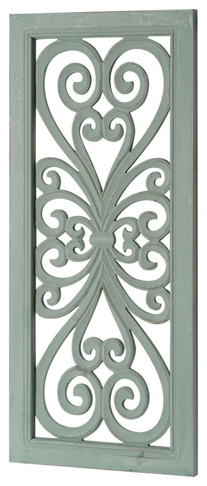Distressed Hand-Carved Seafoam Green Wood Wall Medallion Panel, 16x36