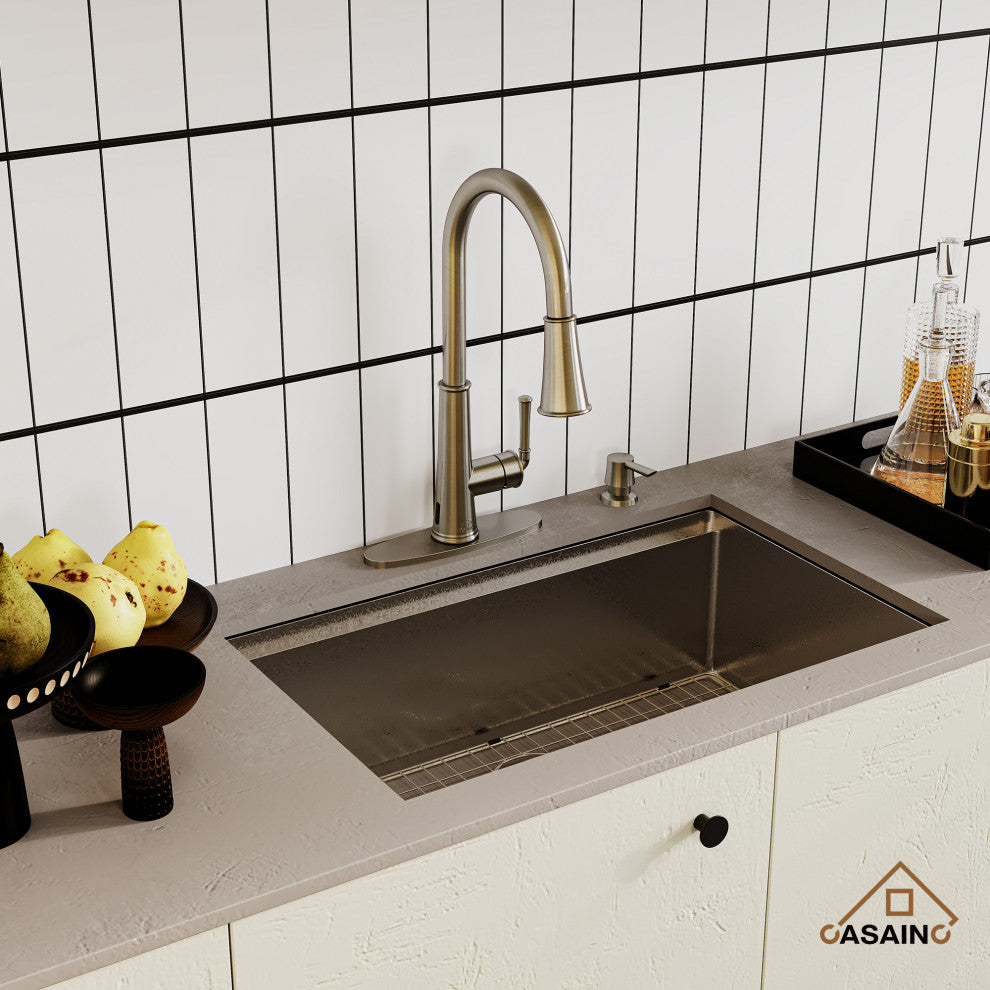 32in Single Bowl Undermount Workstation Kitchen Stainless Steel Sink with Faucet, Brushed Nickel