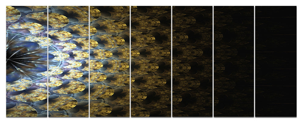 Symmetrical Gold Fractal Flower, Abstract Wall Art Canvas, 83"x32", 7 Panels